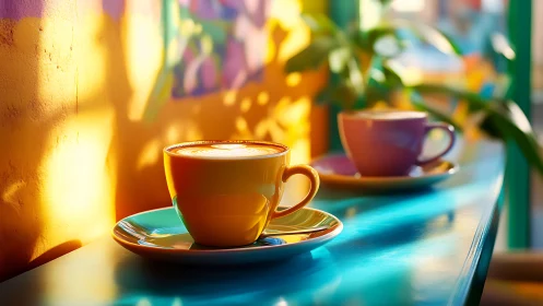 Chromatic latte cups in sun-splashed cafe interior geometry.