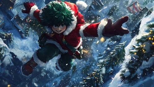 Snow-sprinting holiday hero dives across midnight rooftops.