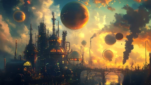 Industrial skyline with floating spheres at sunset time.