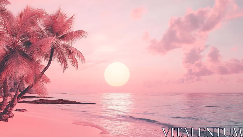 Soft pink sunset welcomes calm waves and gentle palms