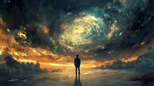 Solitary figure contemplates a swirling cosmic sky of fire and dusk
