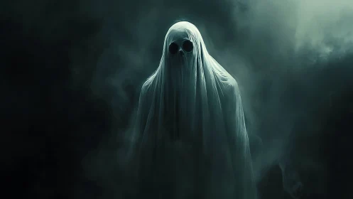 Ghostly figure in tattered sheet stands in dense green fog