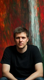 Calm portrait before a cascading wall of molten color.