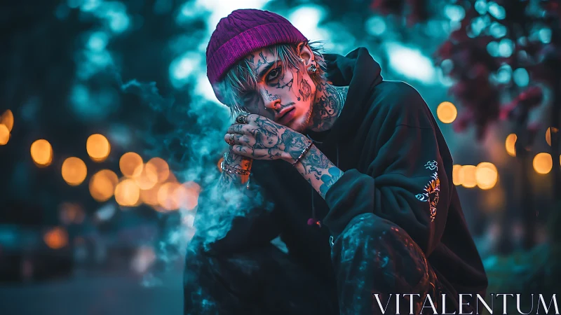 Neon dusk drifter broods in streetlit bokeh haze.