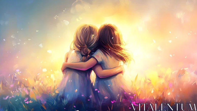 Two figures embrace in luminous field with radiant backlighting and atmospheric bokeh effects