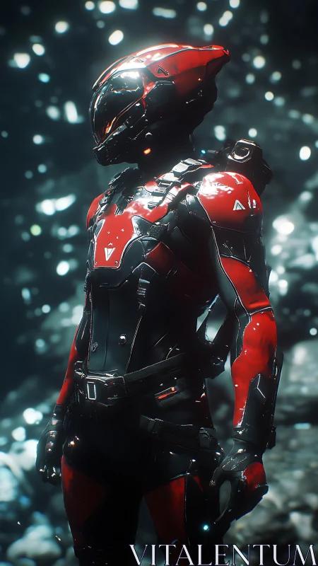 Red armored sci fi soldier stands in reflective light field