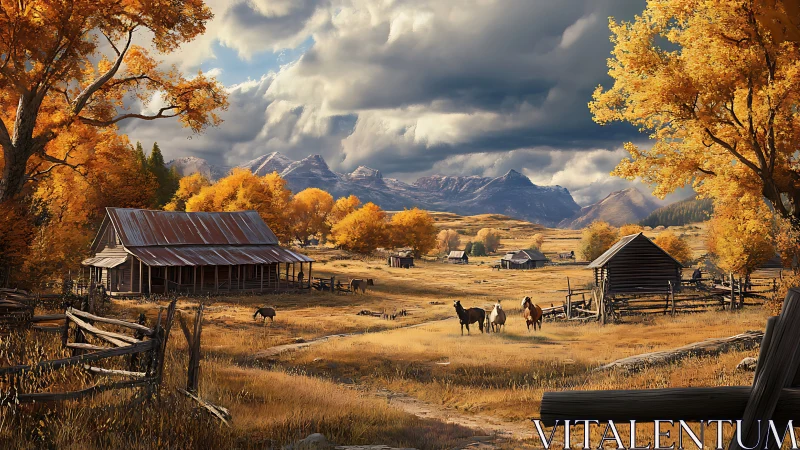 Rural autumn ranch landscape with barns, horses, and mountains.