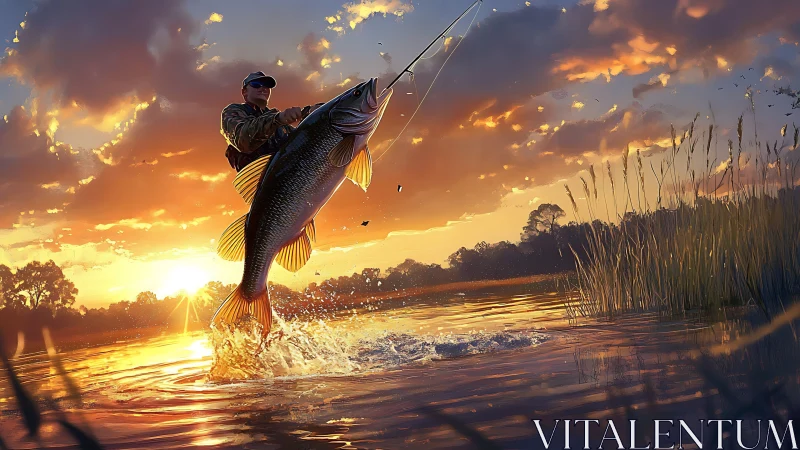 Sunset angler reeling in a giant catch on glowing water.