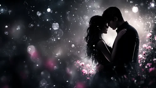Silhouetted Couple Embracing Amid Bokeh and Floral Luminescence.