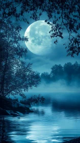 Moonlit lakeshore dream wrapped in misty blue calm.