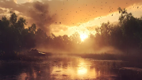 Sunset armored vehicle beside misty river in battle haze.