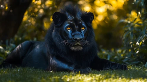 Black lion resting on grass in sunlit forest clearing.