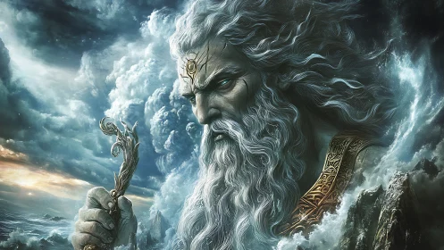 Stormy sea god gazing over waves with ancient calm.