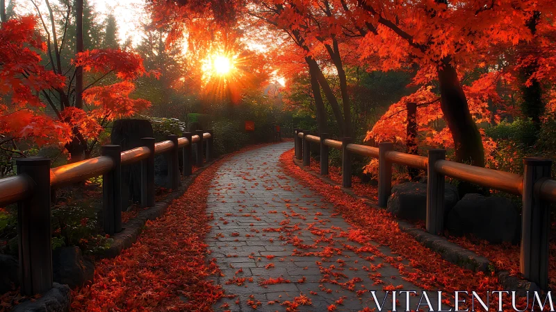 Sunlit autumn pathway curves through scarlet maple canopy