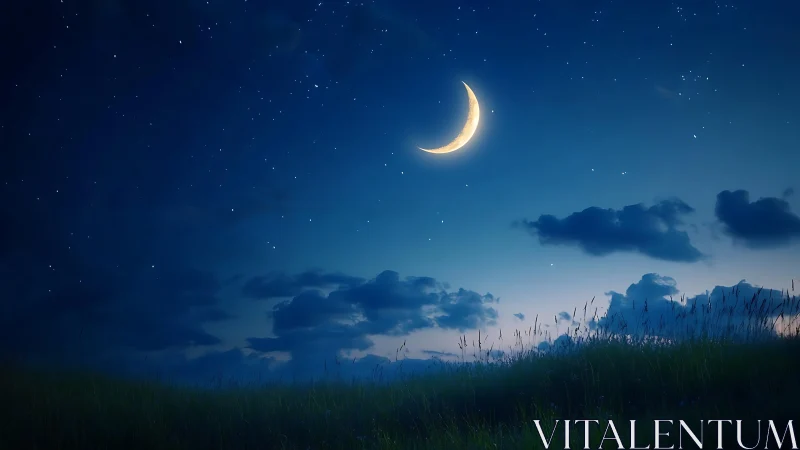 Crescent moon glows above tranquil starlit meadow night.
