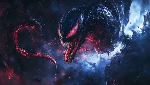 Cosmic alien serpent lunges through fractured nebula void.