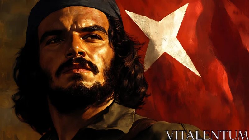 Portrait of bearded man before red flag with white star