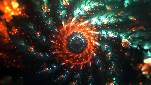 Spiral fractal pattern in red and teal glowing particles.