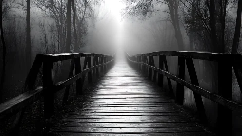 Wooden bridge extends into dense fog in monochrome light