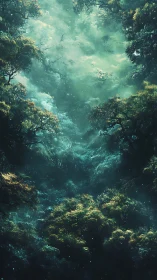 Mystical Aerial Forest Canopy with Ethereal Green Glow