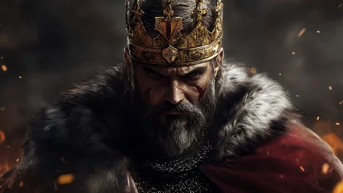 Battle-scarred medieval king stares forward in burning dusk