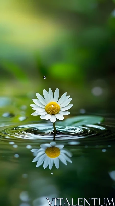 Macro daisy on water with ripples and falling droplets.