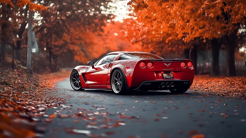 Red sports car cruising through a glowing autumn tunnel.