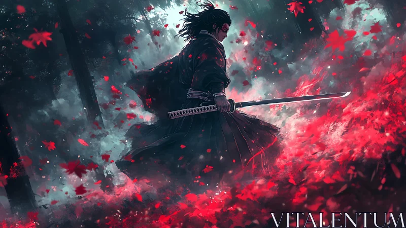 Samurai figure stands in red foliage within dense forest