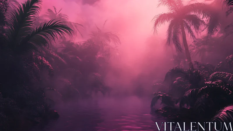 Neon mist swallows a dreamlike jungle river at twilight