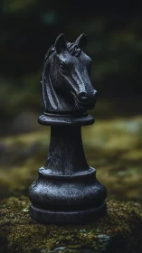 Weathered black knight chess piece in shallow depth focus