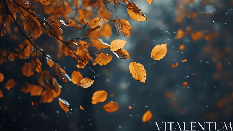Drifting autumn leaves over soft blue forest bokeh.