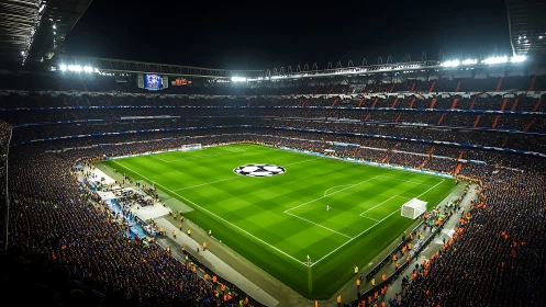 Floodlit football arena packed with crowd on match night.