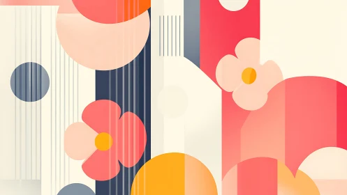 Geometric floral abstraction merges circles, stripes, and soft gradients