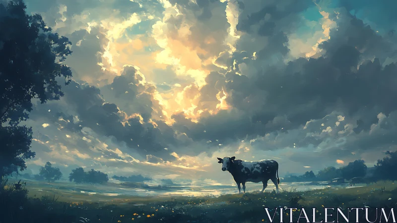 Solitary cow on open meadow under dense cloud-filled sky.