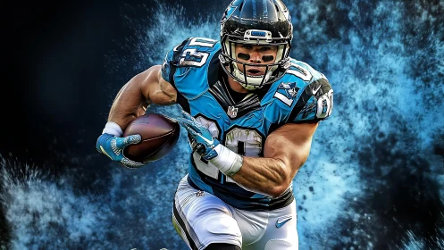 American football player running with ball in blue uniform.