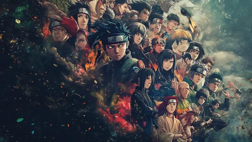 Anime ensemble portrait with dynamic layered character montage.