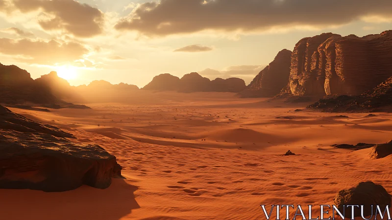 Saffron dunes and carved cliffs under a hushed desert sun.