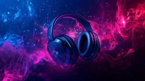 Neon midnight headphones orbit in cosmic sound clouds.