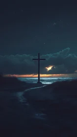 Lonely seaside cross stands beneath a star drenched twilight sky