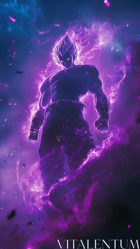 Purple energy warrior silhouette in cosmic storm glow.