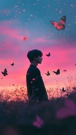 Silhouette stands in glowing meadow under vivid sunset sky