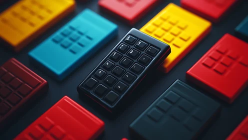 Black numeric keypad contrasts with vivid minimal blocks.