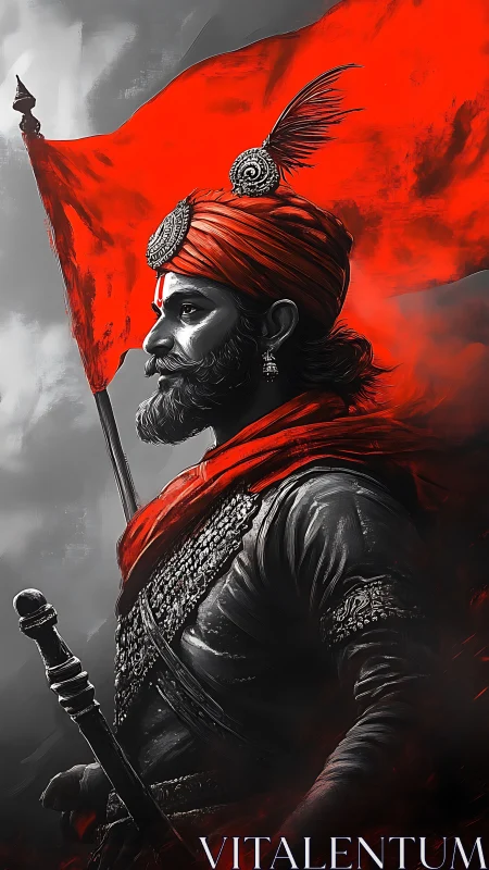 Monochrome warrior profile under saturated red battle standard.