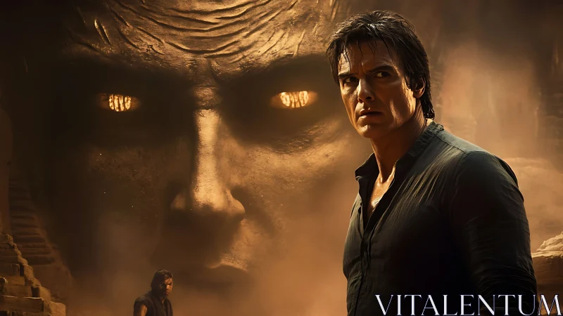 Explorer confronts colossal glowing-eyed stone deity