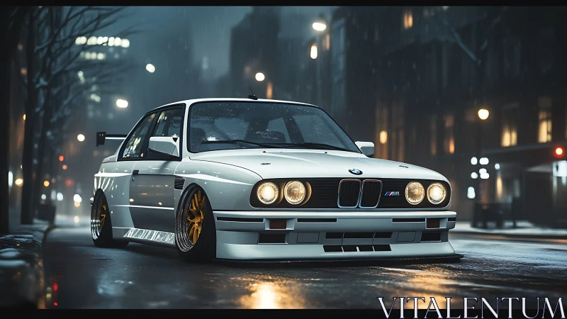 White classic BMW coupe on wet city street at night.