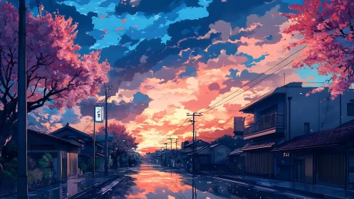 Sunset sky reflects over quiet cherry blossom street