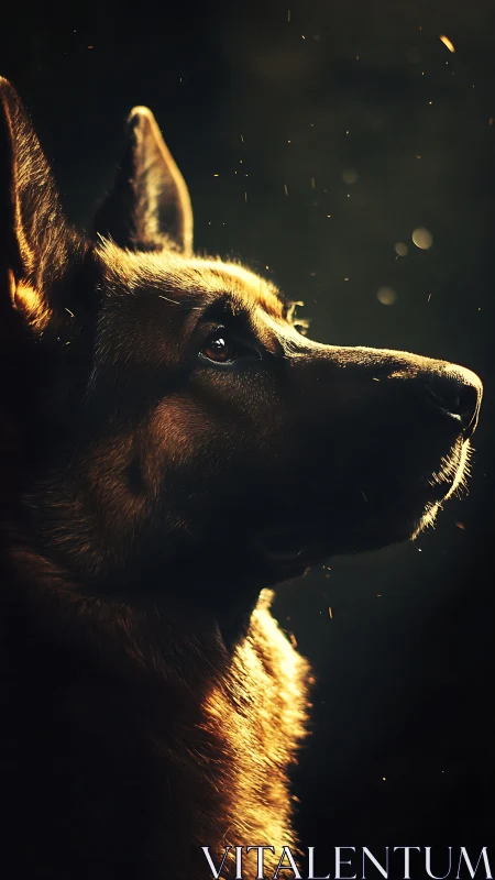 German shepherd profile catches dramatic golden backlight.