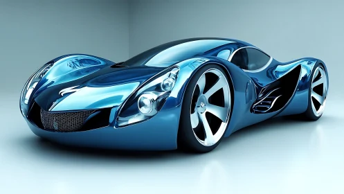 Futuristic blue concept car rendered with reflective surfaces