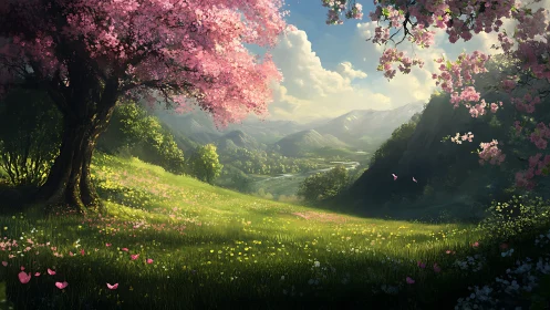 Backlit spring valley with cherry blossoms and layered depth cues