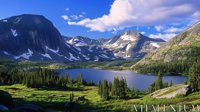 Mountain lake with snow peaks and dense green forest.